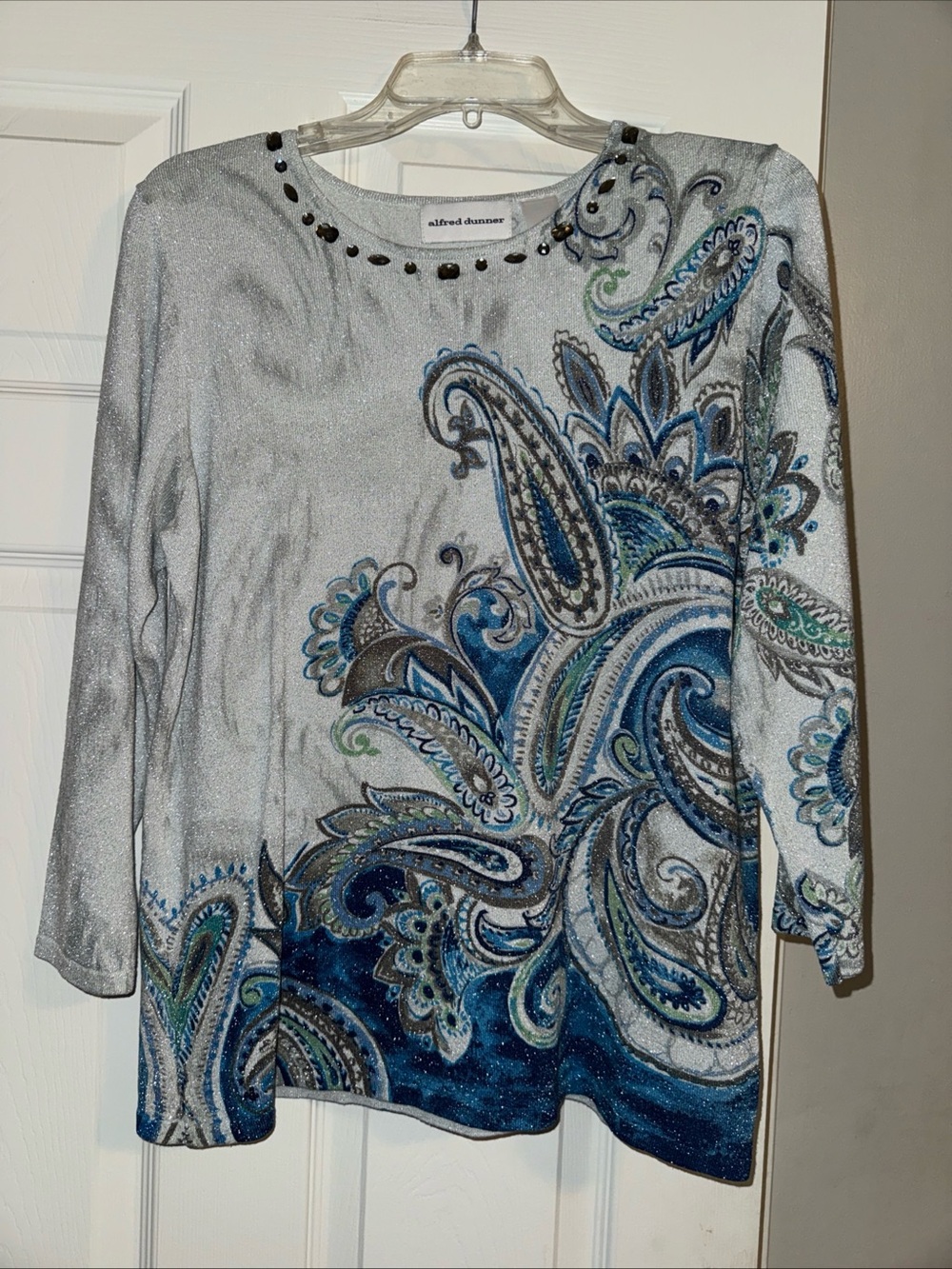 Alfred Dunner Shimmery Silver Paisley Long-Sleeve Top with Blue & Teal Accents